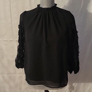 CeCe Womens Black High Neck Ruffle-Sleeves Blouse, Size: S